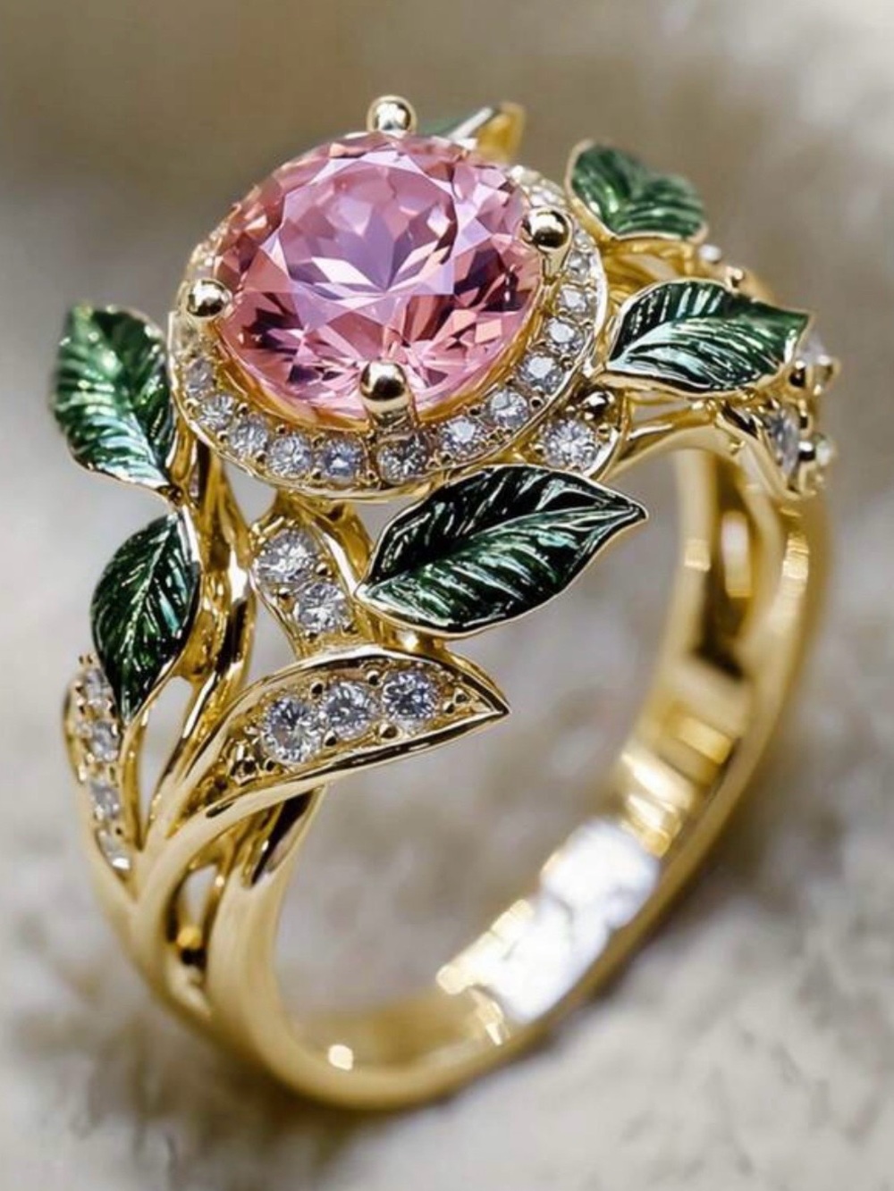 Gold Floral Pink Stone Ring with Green Leaf Accents